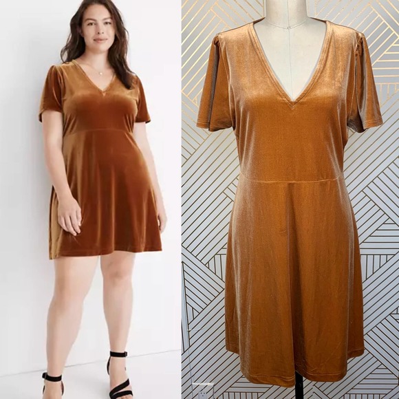 Madewell Dresses & Skirts - Madewell Velvet V-Neck Flutter-Sleeve Dress Gold